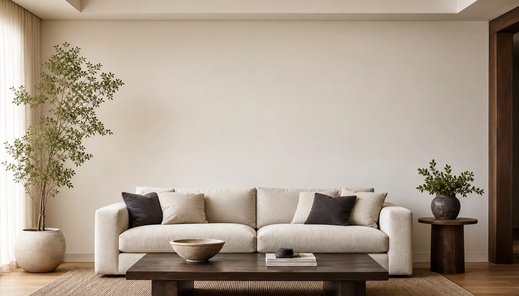 Minimal living room with a blank wall